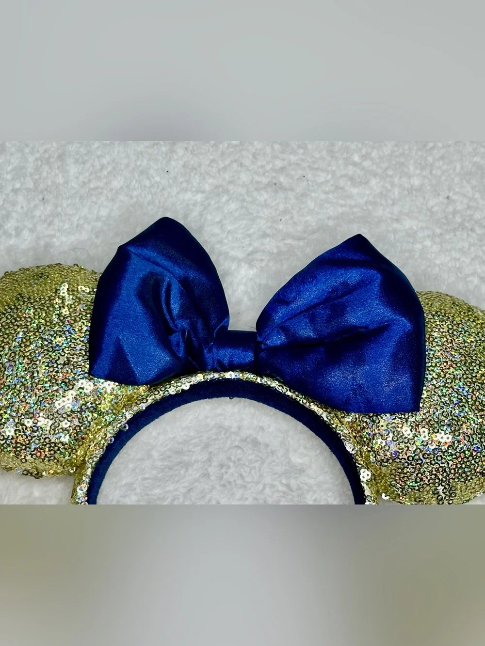 Disney WDW 50th Anniversary Gold Sequin & Blue Bow Minnie Mouse Ears Headband